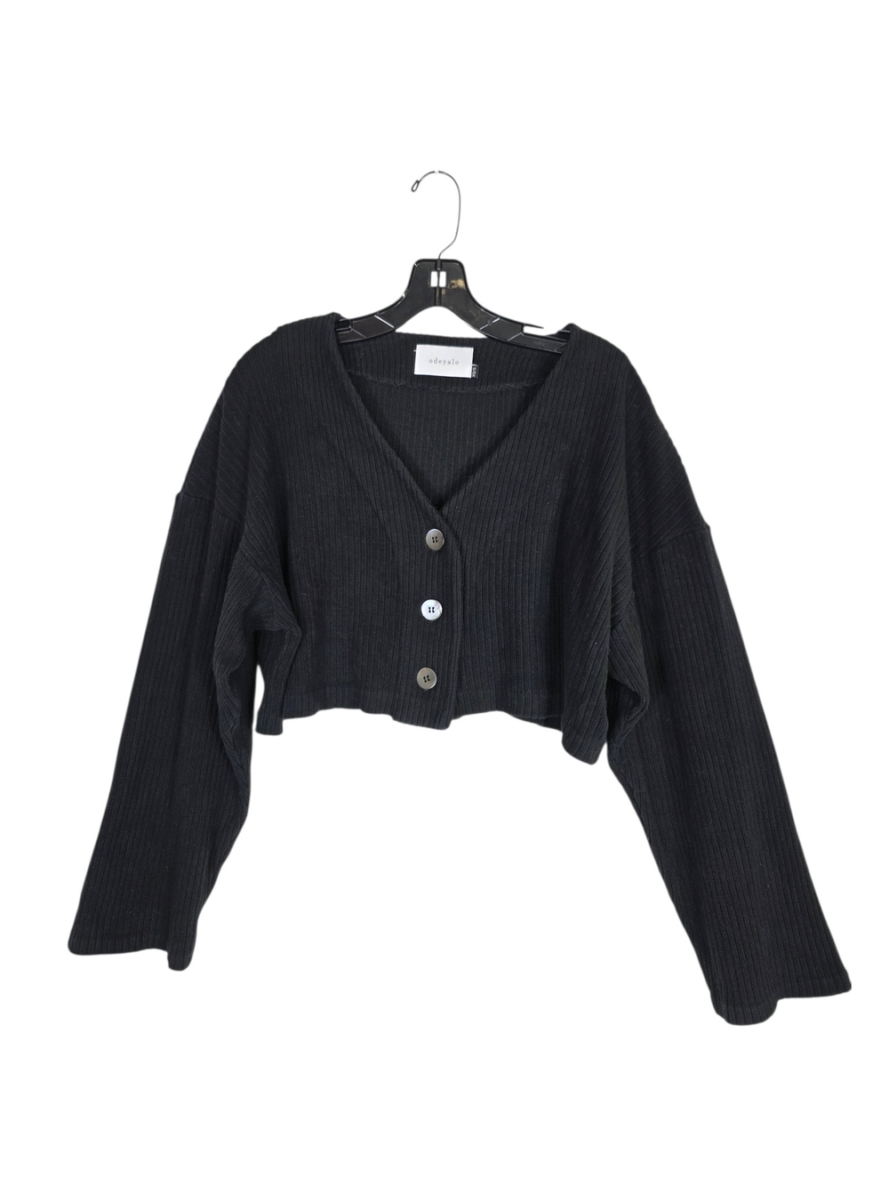 Odeyalo Made in Canada Black Cotton Ribbed Cropped V-Neck Cardigan